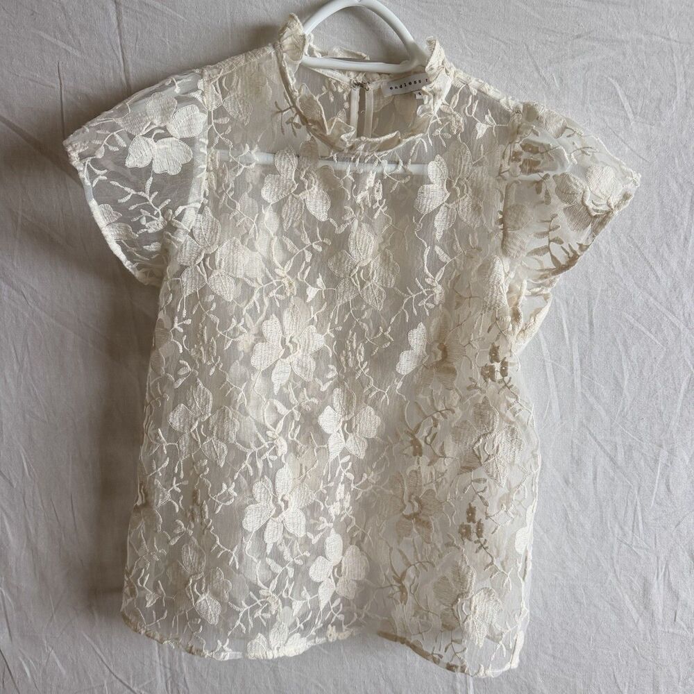 Endless Rose Sheer Floral Embroidered Mesh Blouse Ivory Ruffle Neck Sz S Fairy - Picture 4 of 13